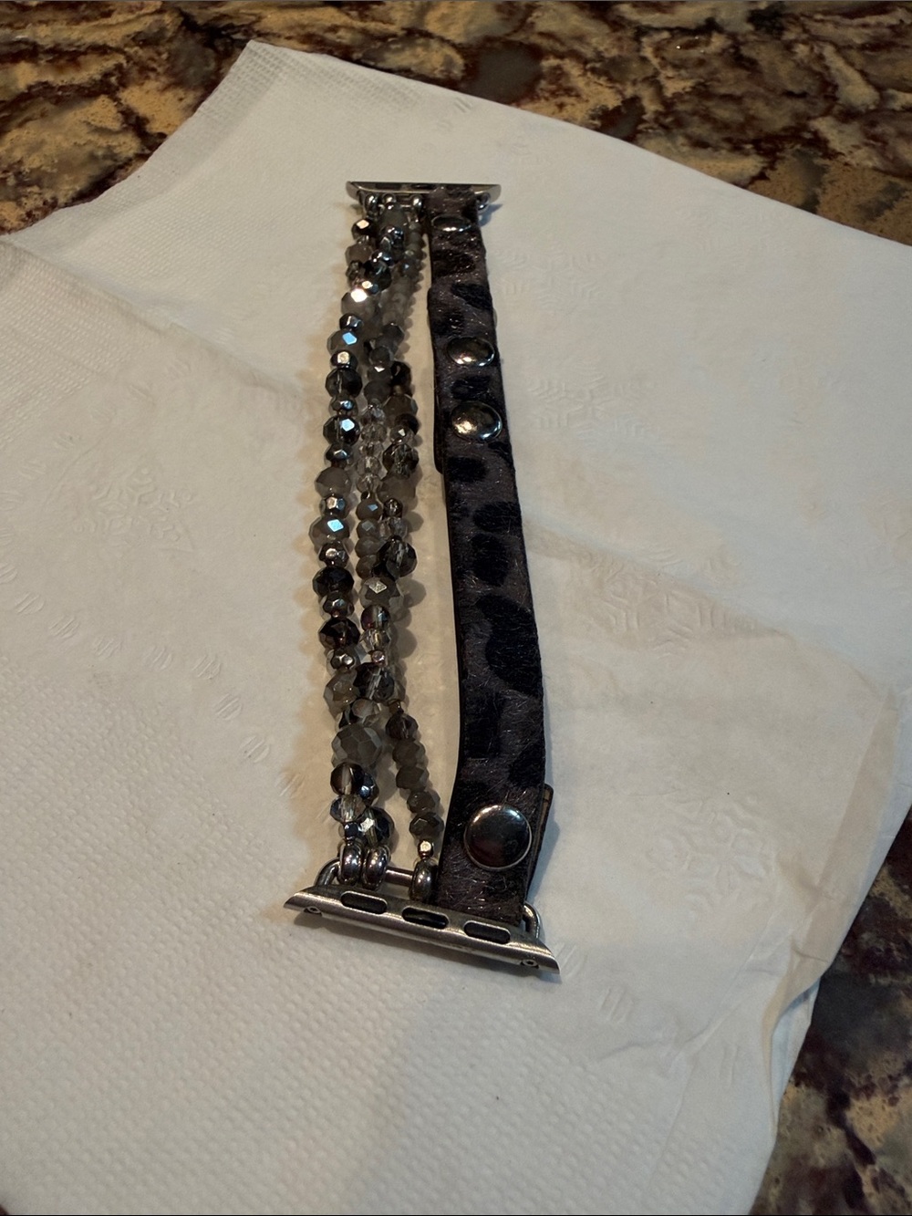 Crystal Bead and Leather Strap Womens Apple Watch Band - Gray